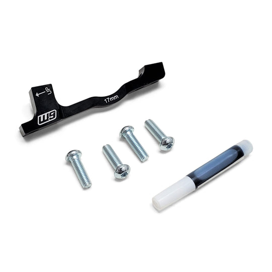Warp 9 e-moto front brake rotor adapter in black anodized aluminum with four Torx bolts and thread locker