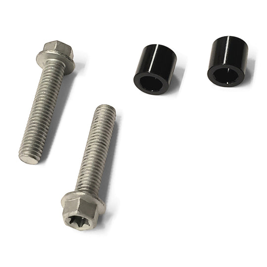 Warp 9 220mm caliper adapter spacer kit: two black spacers and two longer Torx bolts