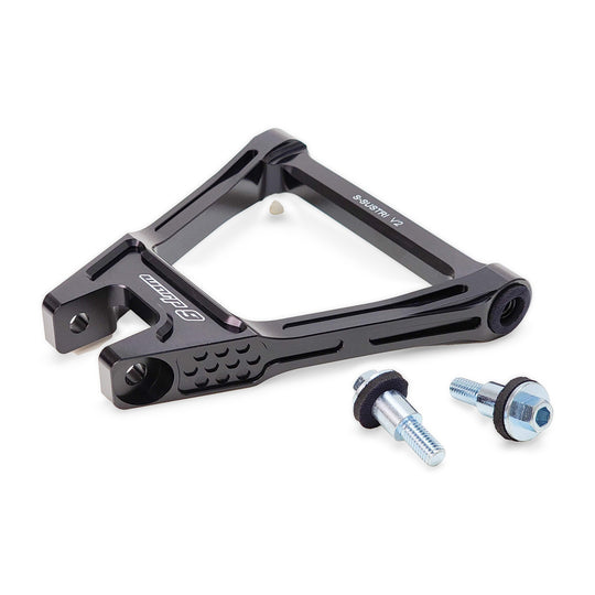 Warp 9 Light Bee rear suspension triangle V2 in black anodized aluminum with two custom pivot bolts