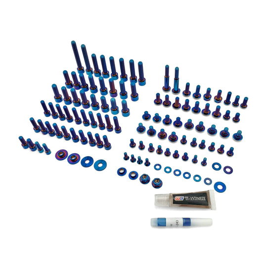 Warp 9 Ultra Bee titanium chassis kit: rows of burnt blue titanium bolts and washers with titanium anti-seize and thread locker