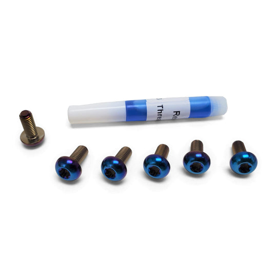 Burnt blue titanium button-head Torx rotor bolts with a tube of blue thread lock