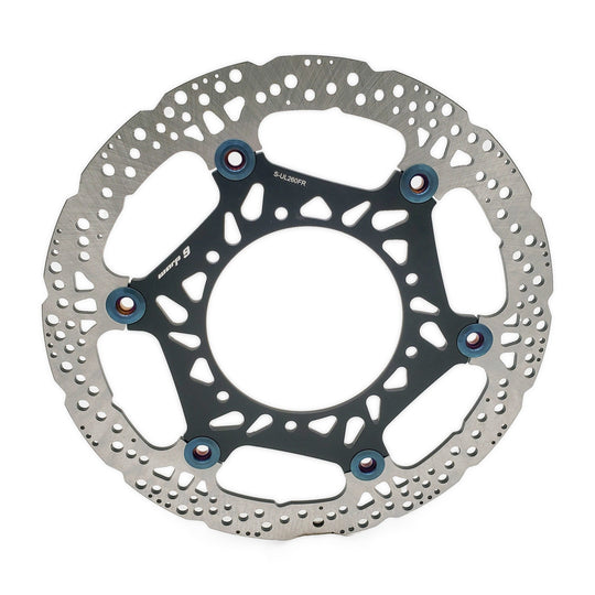 Warp 9 Surron Ultra Bee 260mm floating front rotor with a black center and blue stainless rivets
