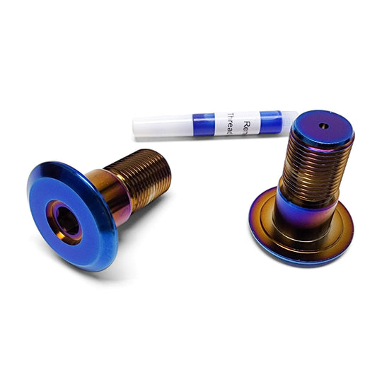 Warp 9 Talaria Sting titanium swingarm bolts in burnt blue and gold with blue thread lock