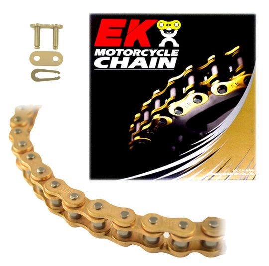 EK 420SH gold e-moto chain with its clip master link and the EK Motorcycle Chain package
