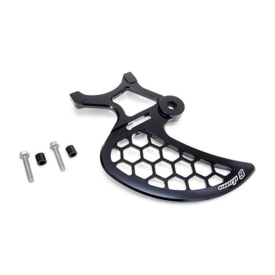 Warp 9 Talaria rear disc guard in black with a hex cutout pattern, two bolts and two spacers